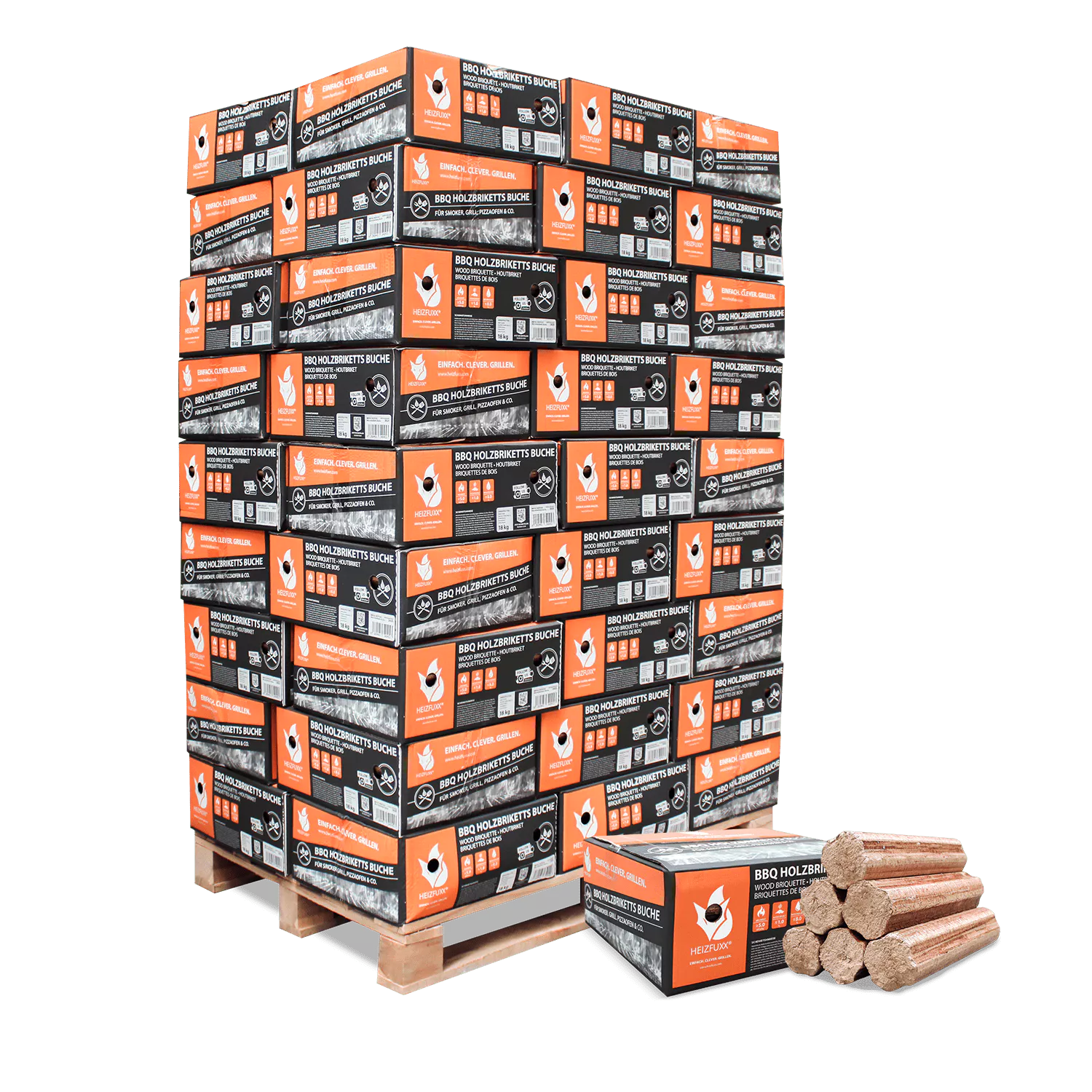 BBQ-Briketts aus reiner Buche – 18 kg Karton, 54er Palette (972 kg)